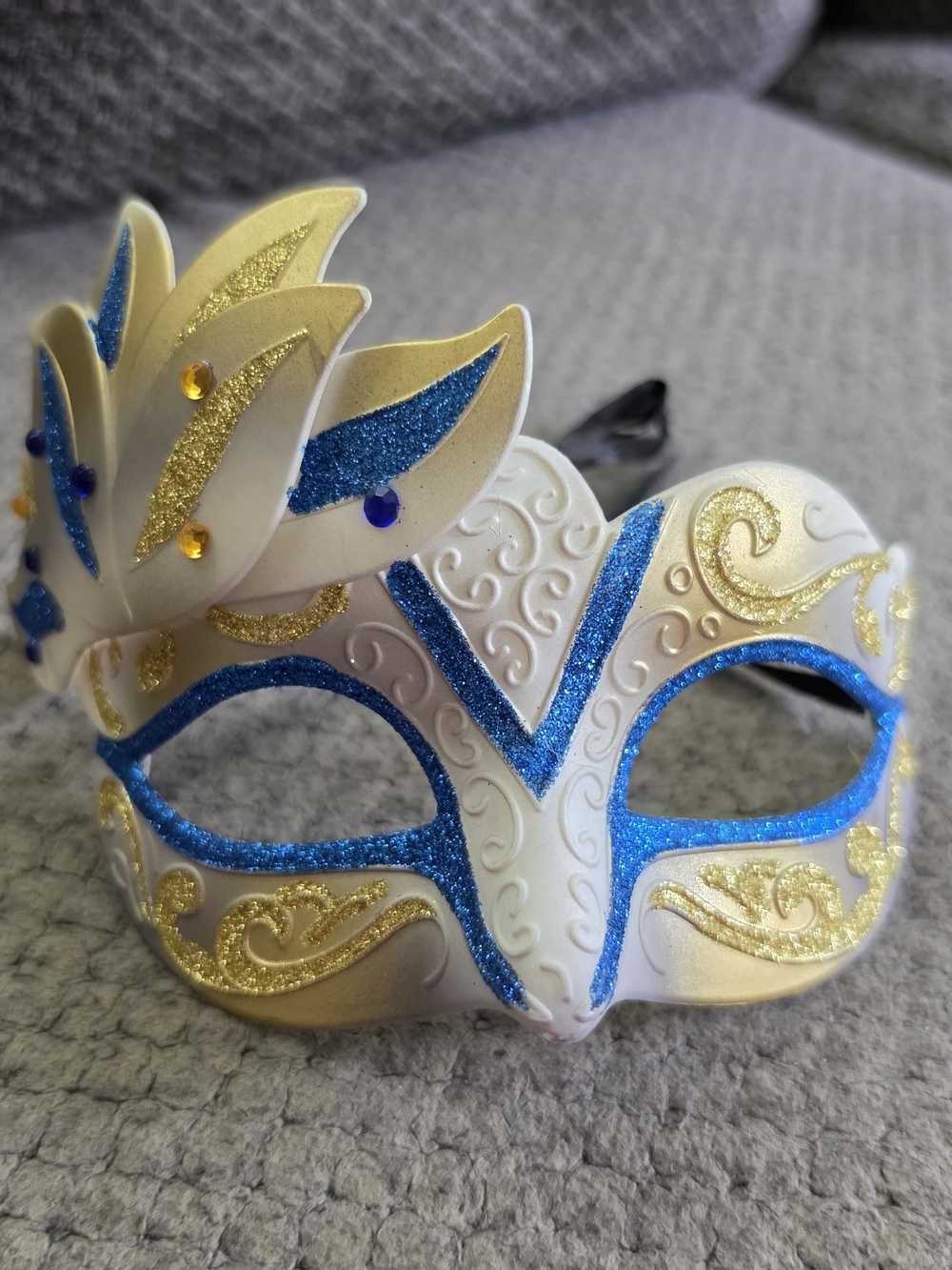 White and Blue Venetian Party Mask with Gold Accents